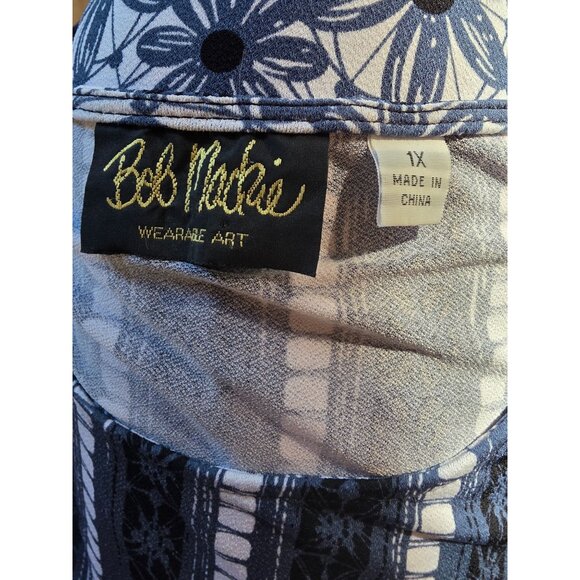 Bob Mackie Wearable Art Womens 1X Floral Long Sleeve Top Blue & White - Picture 4 of 7